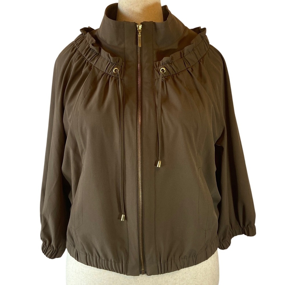 Chicos Bomber Spring jacket Ruffle Collar Kahki Green Size 18